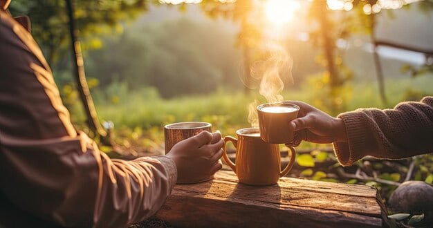 asian couple hand toasting coffee cup while having breakfast drinking coffee together morning man woman enjoy outdoor lifestyle camping forest mountain summer travel vacation 73899 16099